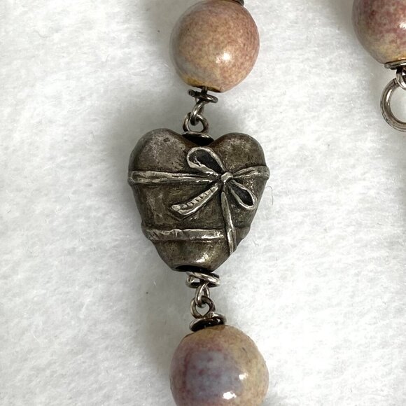 Sterling Silver 925 Italy Ceramic Beaded Pewter Heart Bow Bracelet - Picture 5 of 16